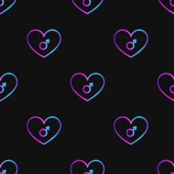 Seamless pattern with neon heart with man symbol on black background Stock Illustration