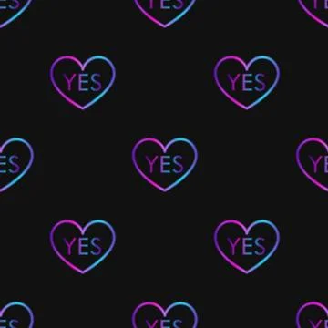 Seamless pattern with neon heart with word yes on black background Stock Illustration