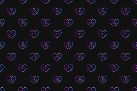 Seamless pattern with neon heart with word yes on black background Stock Illustration