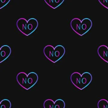 Seamless pattern with neon heart with word no on black background Stock Illustration