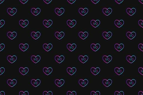 Seamless pattern with neon heart with word no on black background Stock Illustration