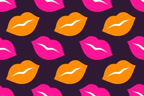 Seamless pattern with neon pink and orange lips on dark background Illustrazione stock