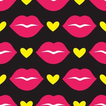 Seamless pattern with neon pink lips and yellow hearts on black background Stock Illustration