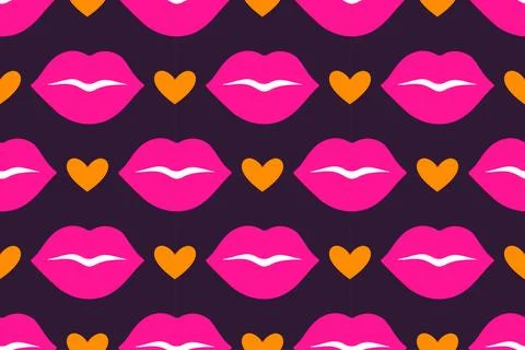 Seamless pattern with neon pink lips and orange hearts on dark background Illustrazione stock