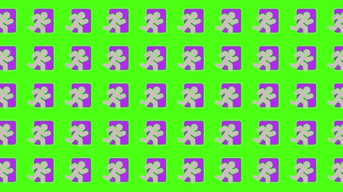 Seamless pattern of neon running man exit icons on vibrant green background Stock Footage 344875343
