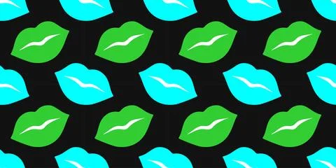 Seamless pattern with neon turquoise and green lips on black background 库存插图