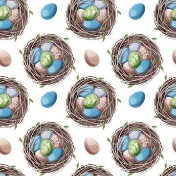 Seamless Pattern with Nest and Colorful Easter Eggs. Delicate Spring Texture for イラスト素材