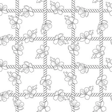 Seamless pattern with net of the cord and spring flowers. Stock Illustration