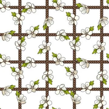 Seamless pattern with net of the cord and white spring flowers. Stock Illustration