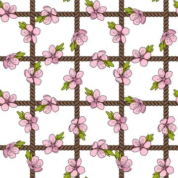 Seamless pattern with net of the cord and pink spring flowers Stock Illustration