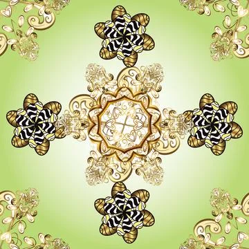 Seamless pattern on neutral, beige and yellow colors with golden elements. Tradi Stock Illustration