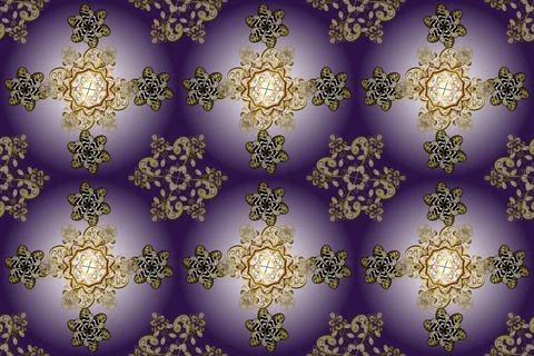 Seamless pattern on neutral, yellow and violet colors with golden elements. Rast 스톡 일러스트