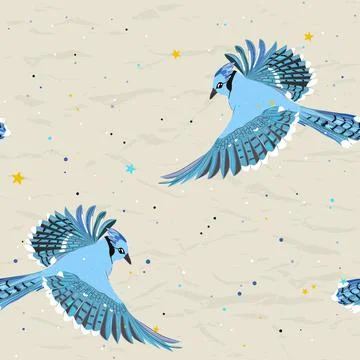 Seamless pattern from new collection with birds. Flight of the blue jay. Stock Illustration