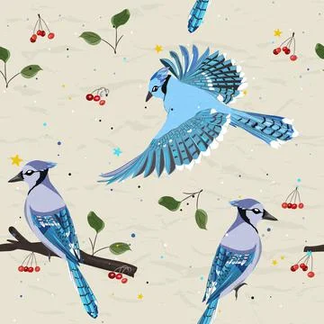 Seamless pattern from new collection with birds. Blue jay. Stock Illustration