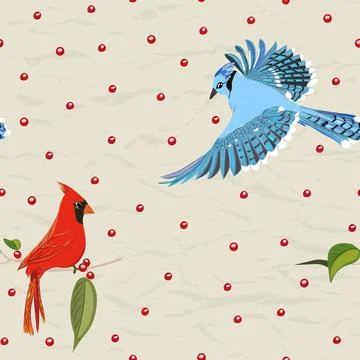 Seamless pattern from new collection with birds. Red cardinal and blue jay. Stock Illustration