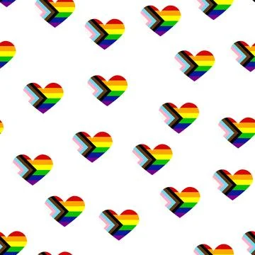 Seamless pattern with new lgbt flag, hearts, text, flower and flag. Gay pri.. Illustrazione stock