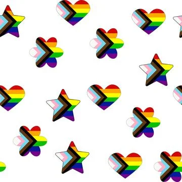 Seamless pattern with new lgbt flag, hearts, text, flower and flag. Gay pri.. Illustrazione stock
