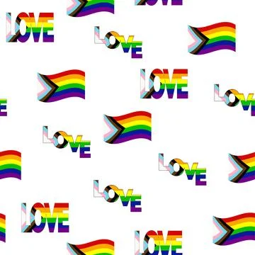 Seamless pattern with new lgbt flag, hearts, text, flower and flag. Gay pri.. Illustrazione stock
