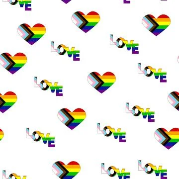 Seamless pattern with new lgbt flag, hearts, text, flower and flag. Gay pri.. Illustrazione stock