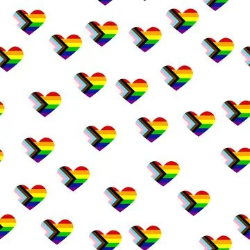 Seamless pattern with new lgbt flag, hearts, text, flower and flag. Gay pri.. Illustrazione stock