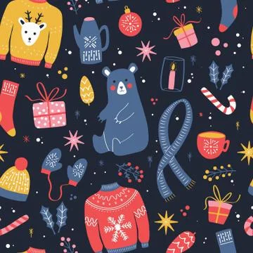 Seamless pattern with New Year and Christmas elements. Traditional winter イラスト素材