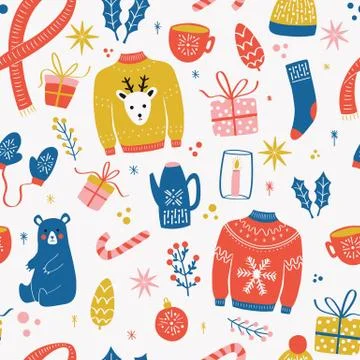 Seamless pattern with New Year and Christmas elements. Traditional winter Stock Illustration