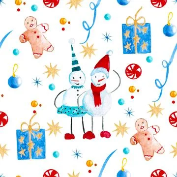 Seamless pattern for new year and christmas. Watercolor drawing. Stock Illustration