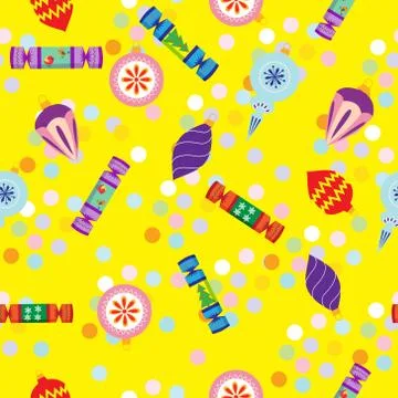 Seamless pattern New year with crackers, Christmas decorations and confetti.. Stock Illustration