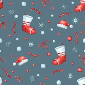 Seamless pattern for the new year. New Year's sock, Santa Claus hat, garland, Stock Illustration