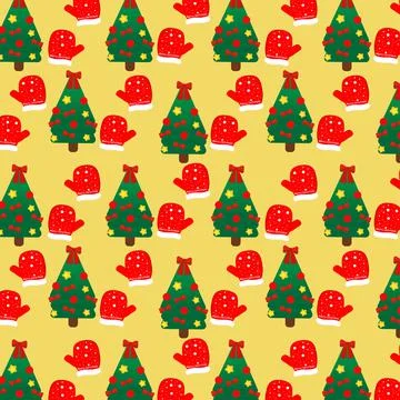 A seamless pattern with New Year trees and mittens on yellow background 스톡 일러스트