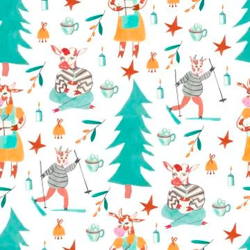 Seamless pattern with New Year's bulls on skis with a Christmas tree Illustrazione stock