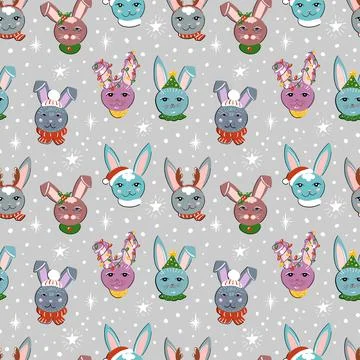 Seamless pattern. New Year's Christmas bunnies in carnival costumes on a gray Stock Illustration