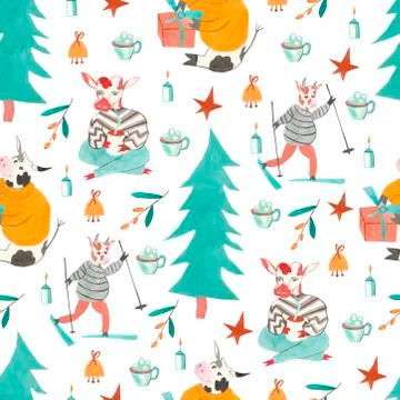 Seamless pattern with New Year's Eve bulls on skis with a Christmas tree. Stock Illustration