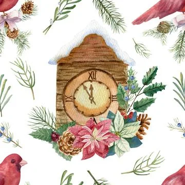 Seamless pattern with New Year's eve clock and winter d cor on a white isolated Stock Illustration