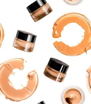 Seamless pattern. Nice 3 glass face make-up creme foundation in container with a Stock Photos