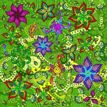 Seamless pattern with nice flowers on yellow, green and black colors, watercolor イラスト素材