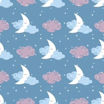 Seamless pattern night illustration with moon and clouds on blue background w 스톡 일러스트