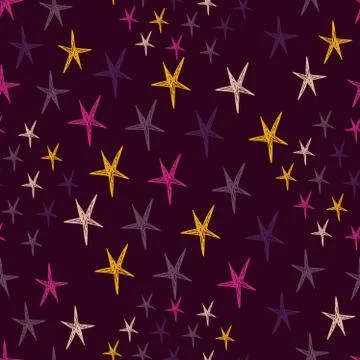 Seamless pattern with night sky and colorful hand drawn doodle stars.  Endles Stock Illustration