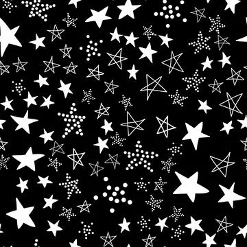 Seamless pattern, night starry sky black white, simple vector with star eleme Illustrazione stock