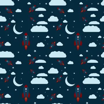 Seamless pattern night theme rocket launch clouds stars and moon crest Stock Illustration
