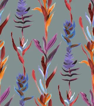 Seamless pattern with night tropics with vertical flowers on a dark background Stock Illustration
