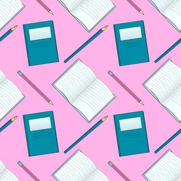 Seamless pattern with notebook, pen, and pencil on pink background. イラスト素材
