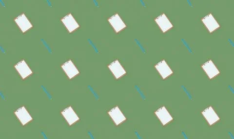 Seamless pattern of notebooks with pens on green background Stock Illustration
