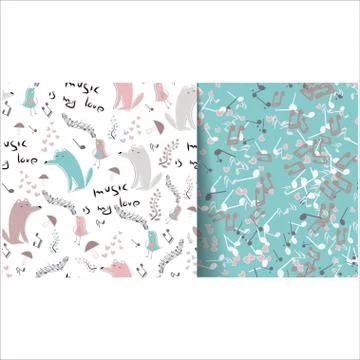 Seamless pattern with notes, birds, wolves, mushrooms and hearts Illustrazione stock