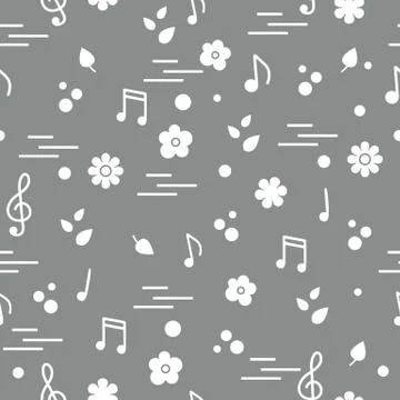 Seamless pattern of notes, flowers, leaves. Stock Illustration