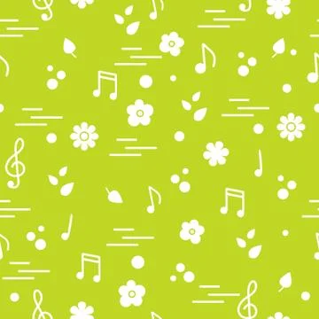 Seamless pattern of notes, flowers, leaves. Stock Illustration