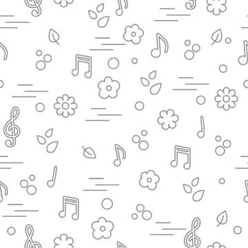 Seamless pattern of notes, flowers, leaves. 스톡 일러스트