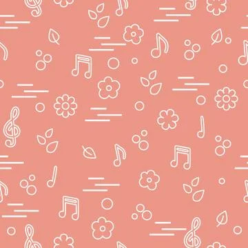 Seamless pattern of notes, flowers, leaves. Stock Illustration