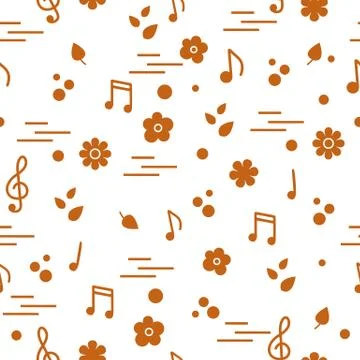 Seamless pattern of notes, flowers, leaves. Stock Illustration