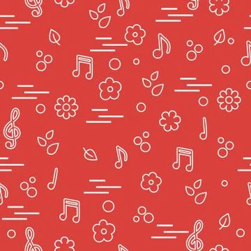 Seamless pattern of notes, flowers, leaves. Stock Illustration